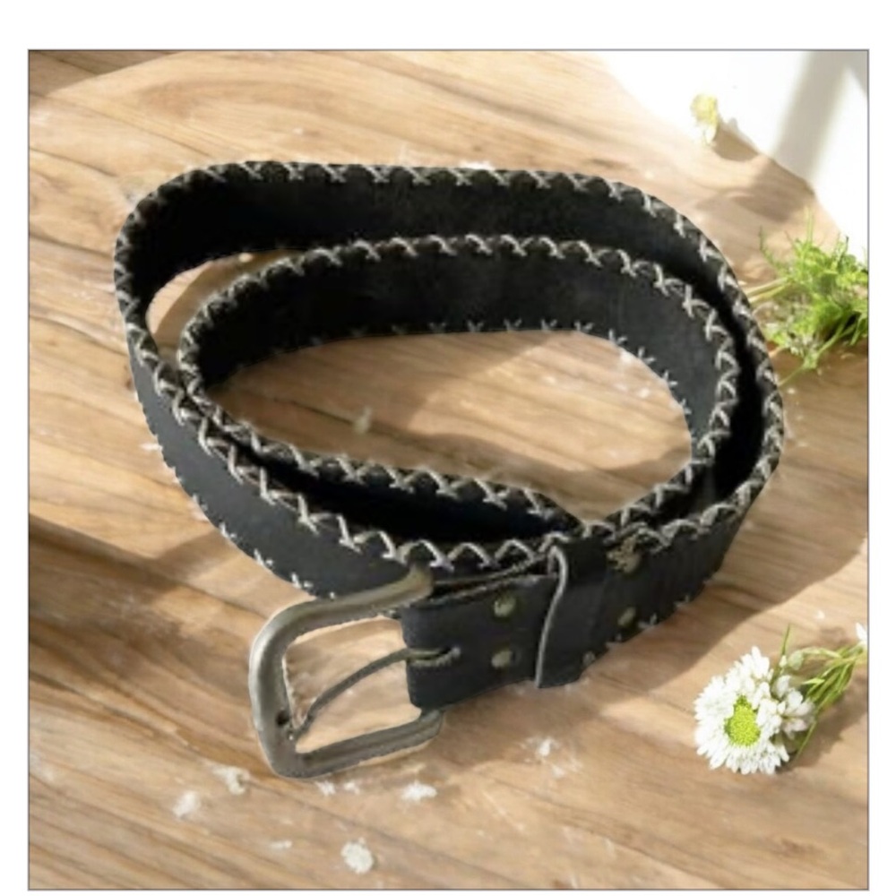 VTG ROOTS Genuine leather belt -brown leather -contrast cream stitch Sz S -EUC